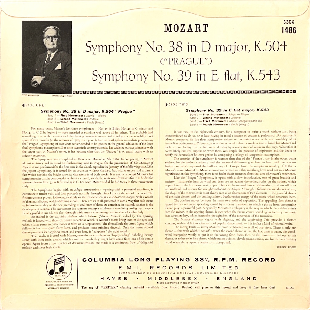LP オットー・クレンペラー, フィル モーツァルト 交響曲 第38番 ニ長調, Kv504 プラハ /  C90916 COLUMBIA /00400 フィルハーモニア管弦楽団, モーツァルト, クレンペラー(オットー