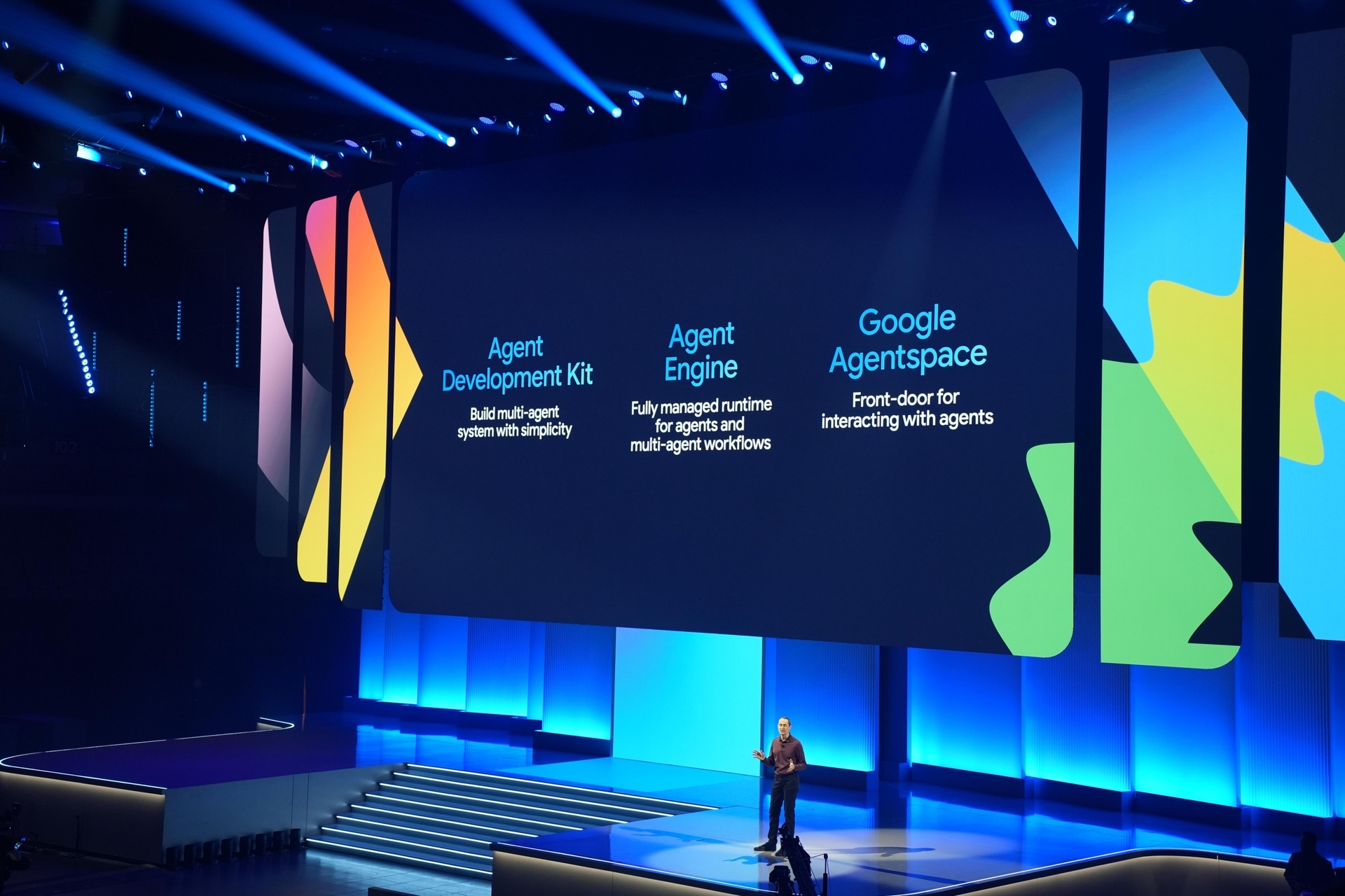 Developer Keynoteにて、Agent Development Kit, Agent Engine, Google Agentspaceの紹介がされている画像