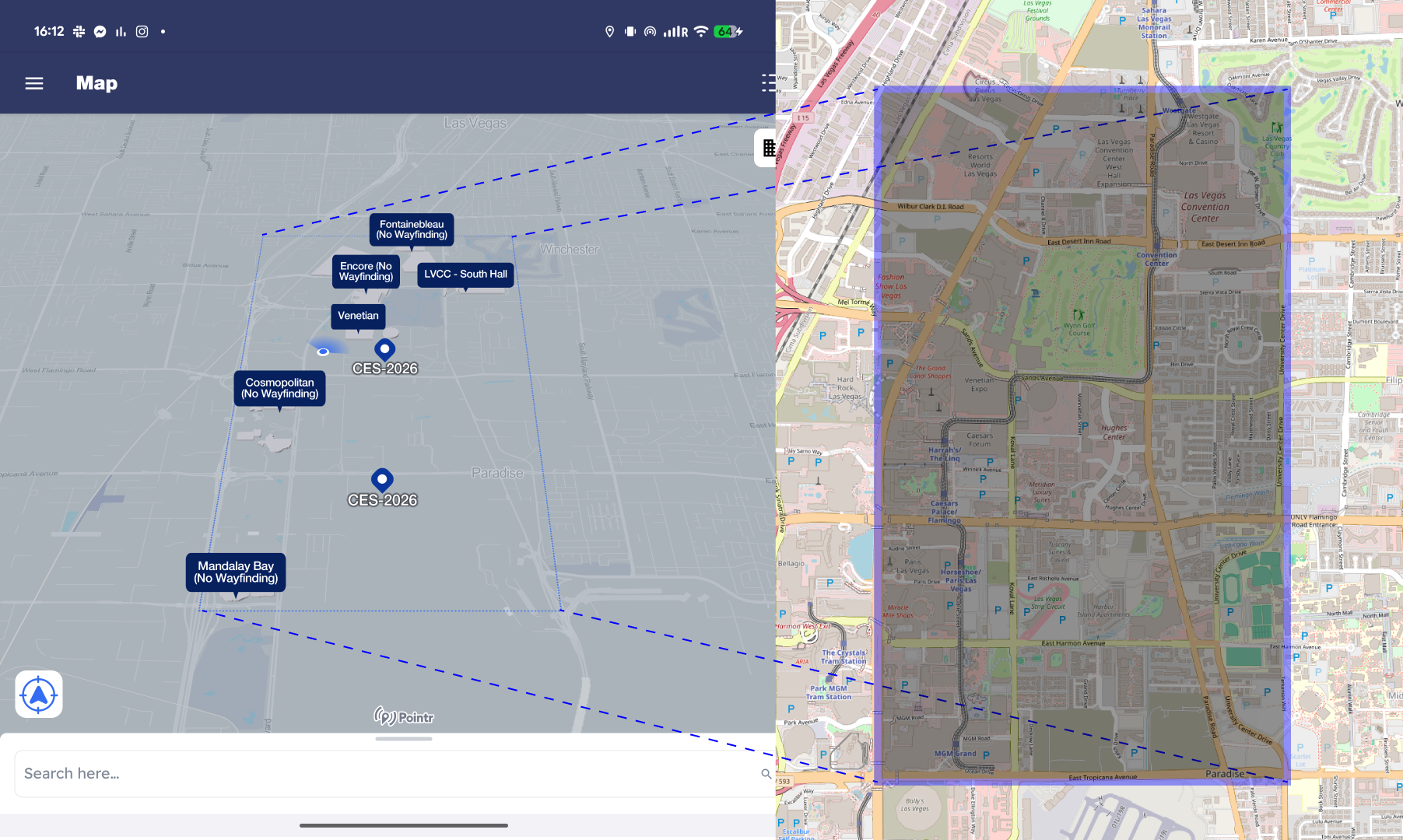 CES公式アプリの地図とOpenStreetMapの地図を並べた図