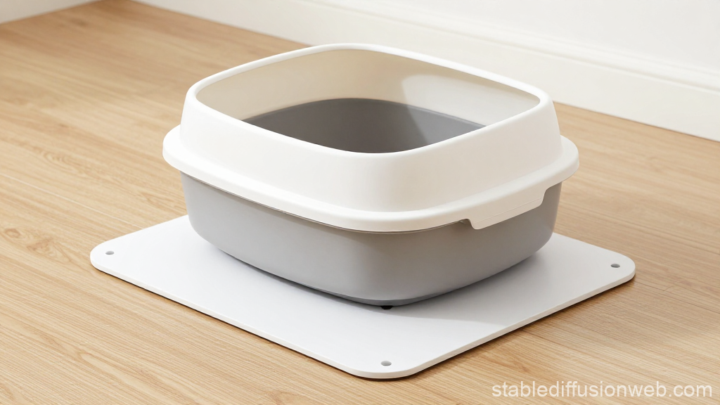A standard cat litter box placed on top of a flat, white device (Catlog Board) on a wooden floor. Clean and simple look.