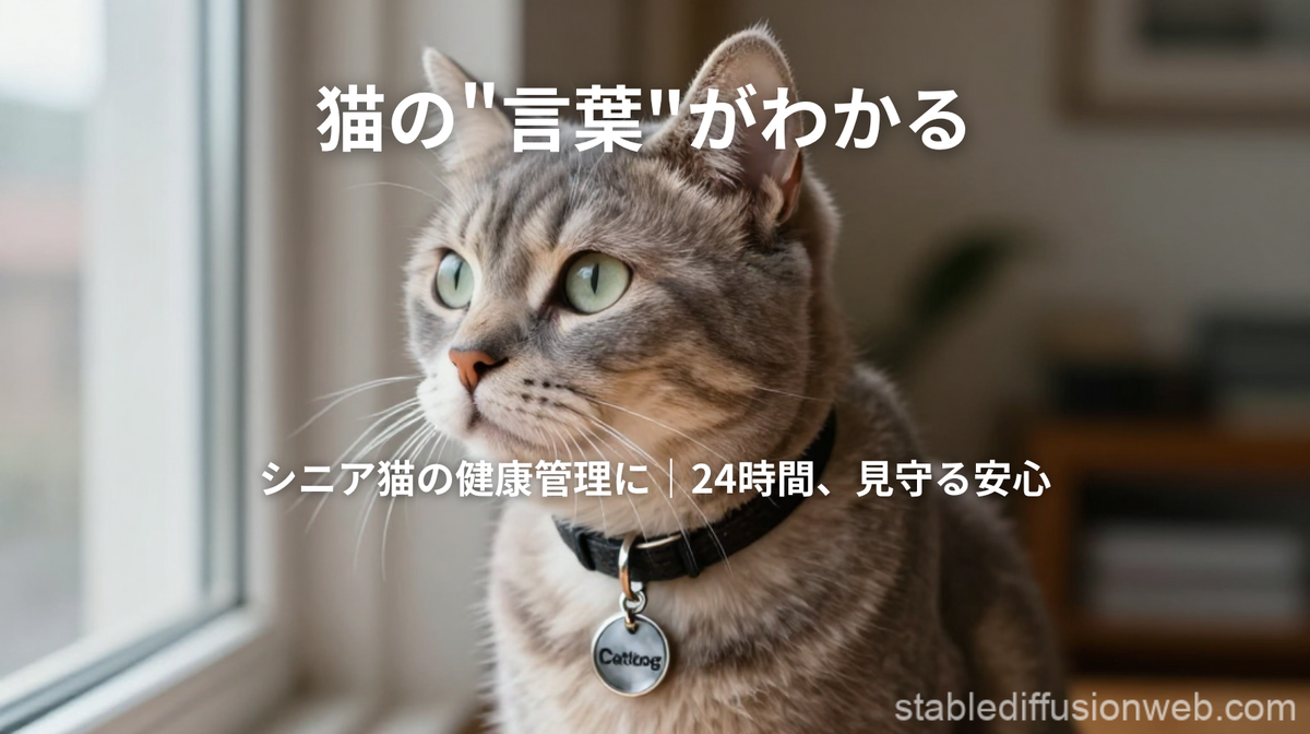 A photorealistic close-up shot of a wise-looking senior cat (e.g., American Shorthair with grey fur) wearing a stylish, sleek pendant collar (Catlog). The cat is looking out a window with soft natural light illuminating its face. The background is a cozy, blurred living room. High resolution, warm and peaceful atmosphere.