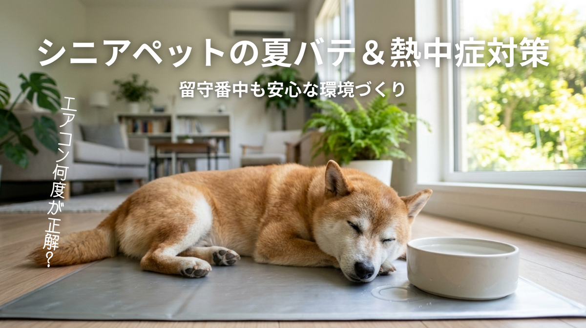 A cute, calm senior Shiba Inu resting happily on a cool aluminum mat in a bright, air-conditioned living room. Next to the dog is a clean water bowl. Bright summer sunlight is shining outside the window, but the room looks comfortably cool.