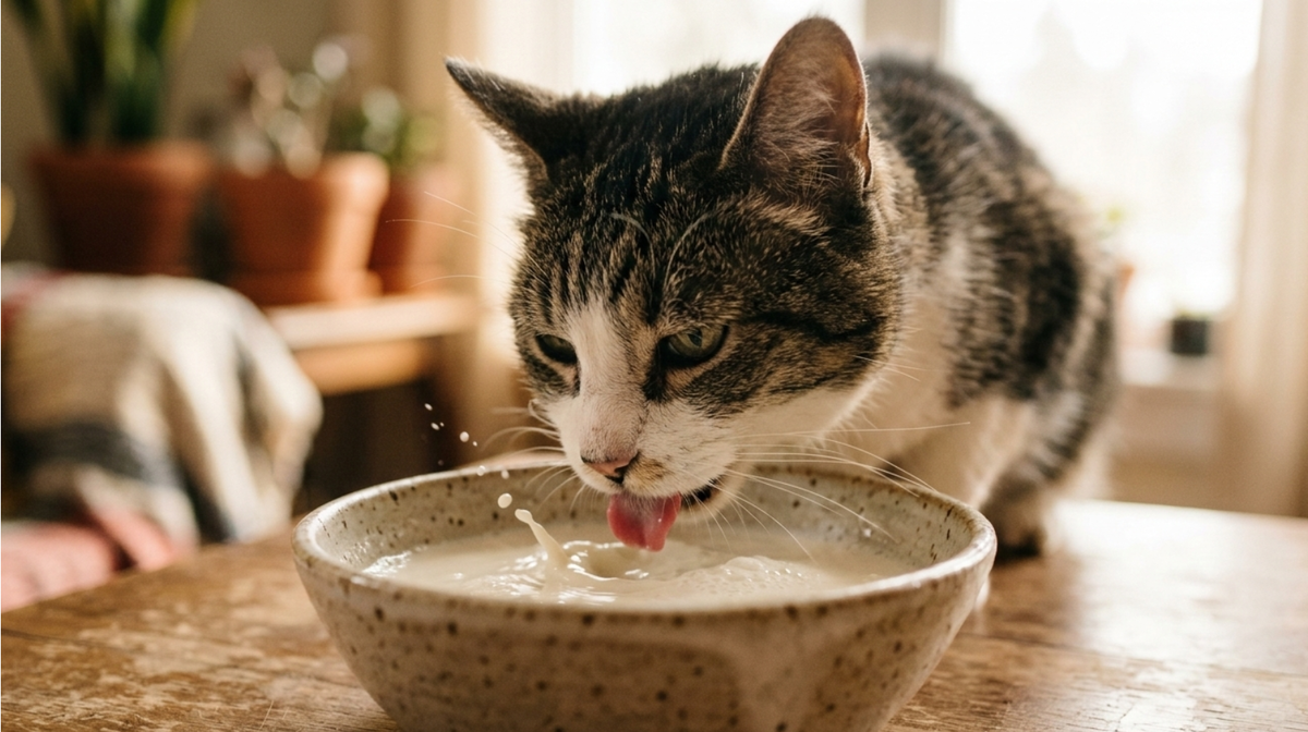 Close-up of a senior cat drinking milky water (goat milk) eagerly from a ceramic bowl. The lighting is soft and warm.