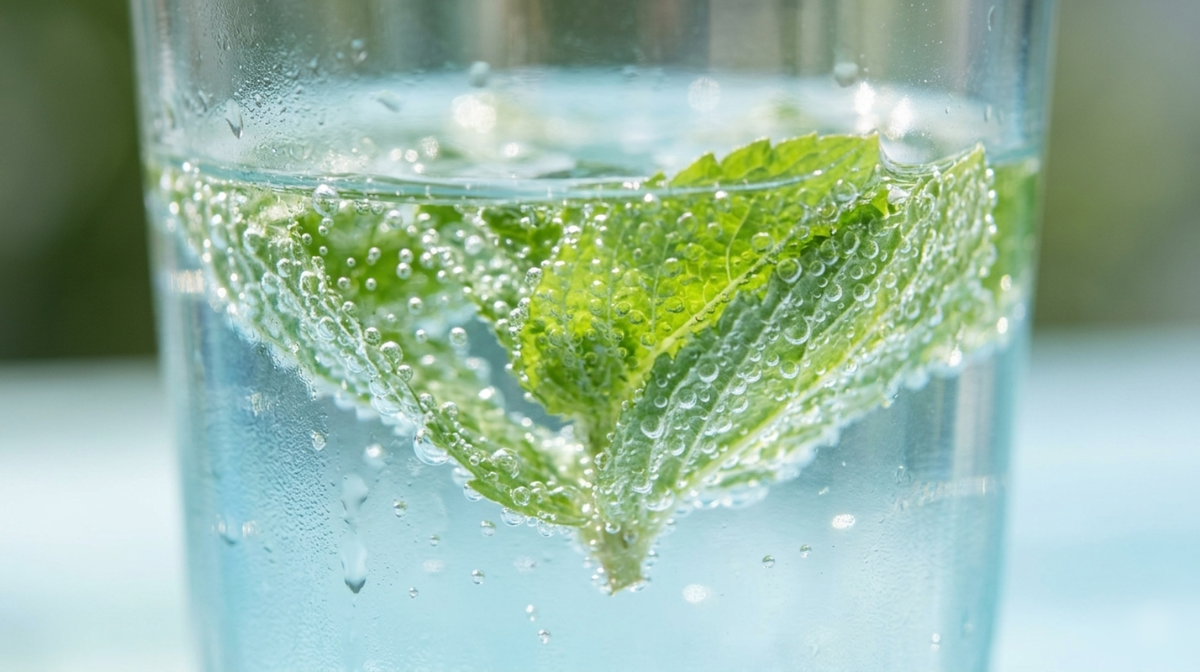 Close-up macro shot of sparkling water with fresh mint leaves and subtle cooling blue tones, representing a soothing, cooling effect on the stomach.