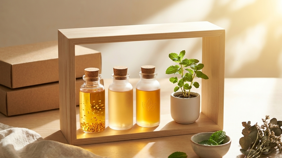 A beautiful, organized minimalist medicine cabinet or small wooden shelf displaying a few sleek supplement bottles alongside a tiny potted peppermint plant. Morning sunlight streaming in.