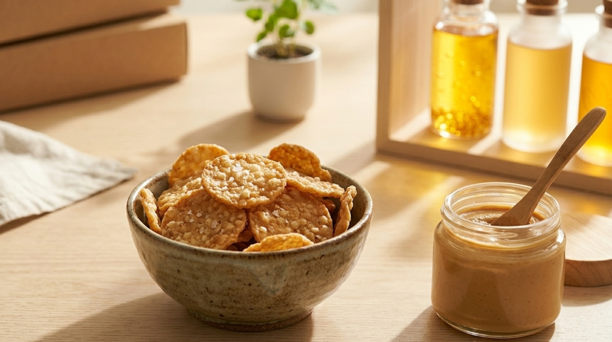 Close-up of a rustic bowl filled with crispy, lightly salted rice chips and a small jar of smooth peanut butter on a sunlit kitchen counter. Cozy, safe, and delicious aesthetic.