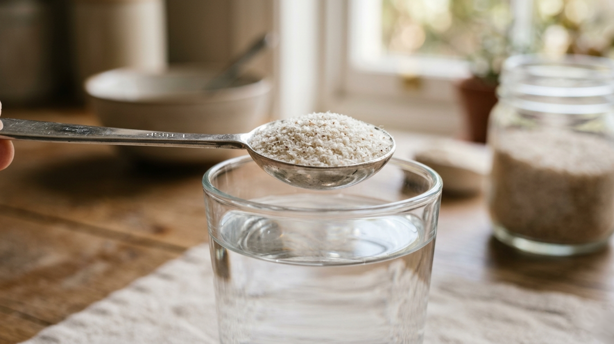 Close-up shot of fine white psyllium husk powder in a silver spoon, hovering above a glass of clear water.