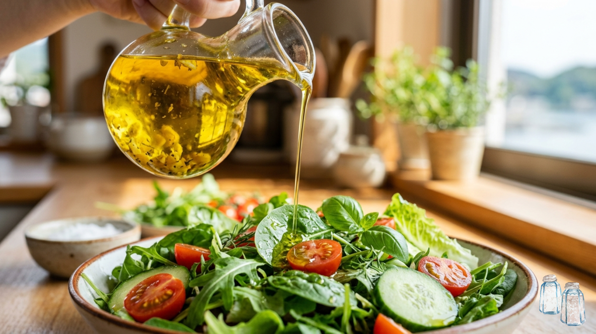 Close-up macro shot of golden garlic-infused oil being drizzled from a beautiful glass cruet onto a fresh, green salad. Sunlit kitchen, appetizing and safe for sensitive stomachs.