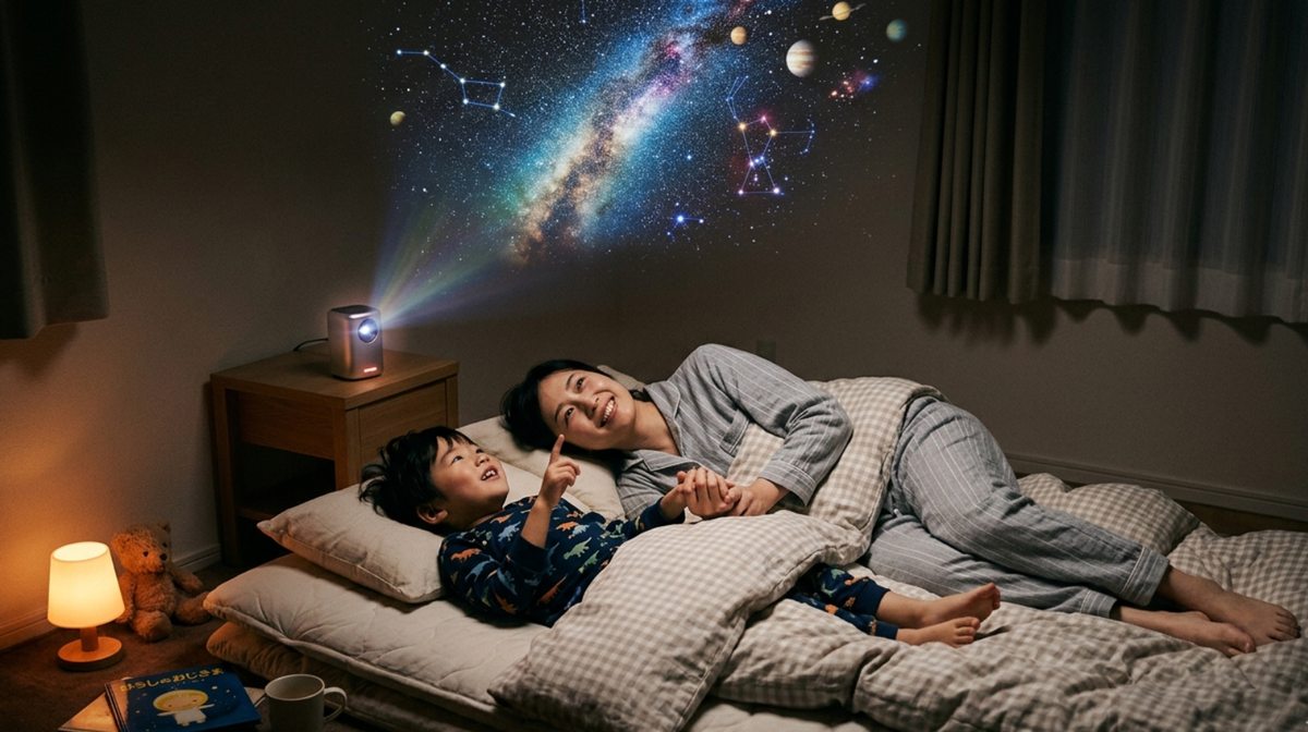 暗い部屋で、親子で布団に仰向けになり、天井の投影を見上げている様子。