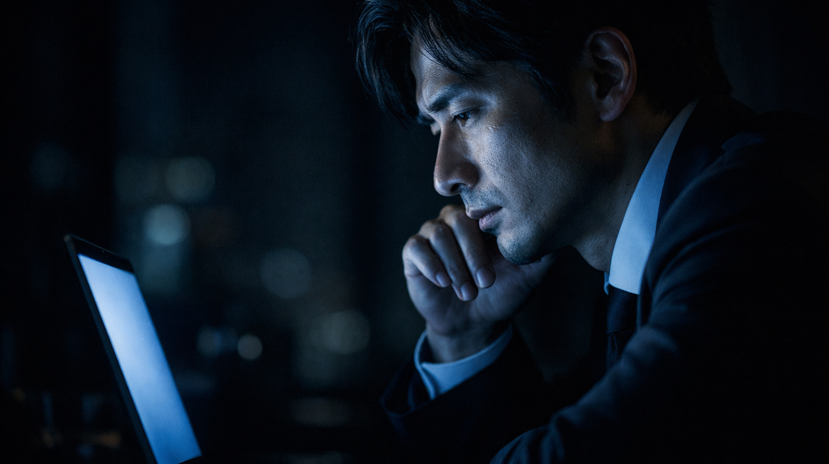 A side profile of a Japanese businessman in his late 30s working late at night in a dimly lit high-end home office. His face is illuminated only by the cool blue glow of a modern laptop screen.
