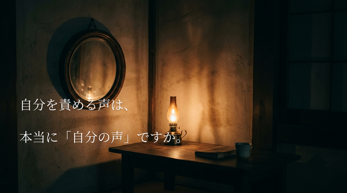 夜の静かな部屋と小さな光。自己嫌悪をテーマにした記事のアイキャッチ画像。