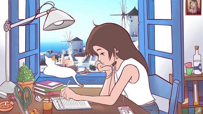 ローファイ ヒップホップの スタディガール に倣って様々な国で勉強する女の子たち New S World