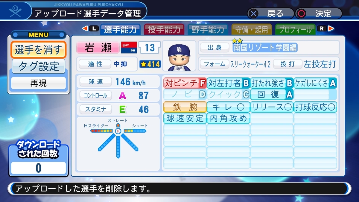 岩瀬仁紀 中日 パワナンバー パワプロ18 パワプロ村