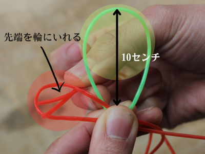 赤と黄緑色のひもを合わせて赤色のひもの先端を輪の中にいれる