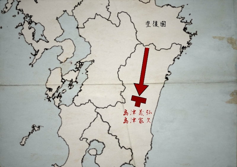 日向国まで撤退する島津義弘と島津家久