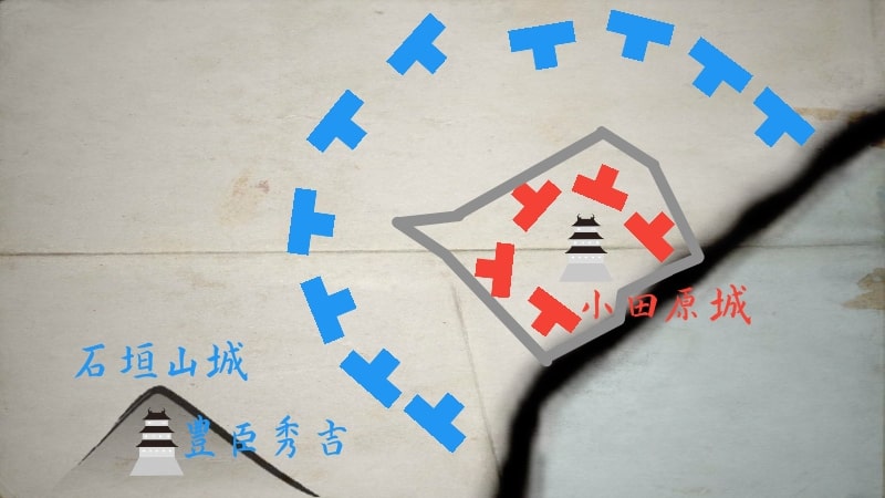 石垣山一夜城を造りあげる豊臣秀吉