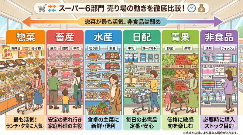 スーパーの部門ごとの動きをまとめた図解