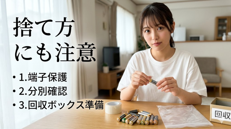 家庭でリチウムイオン電池を安全に処分する準備をしている画像