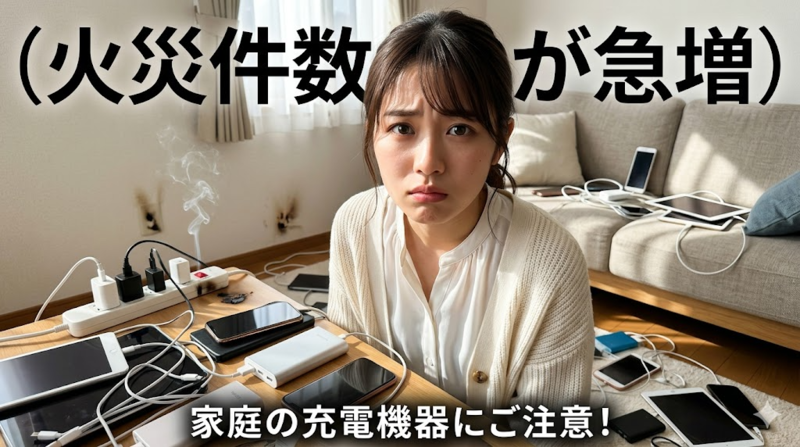 家庭で複数の充電機器を使っている場面を通して火災増加をイメージしやすくした画像