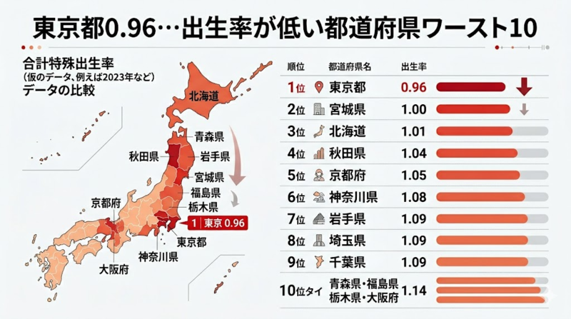 出生率が低い都道府県ランキングをまとめた画像