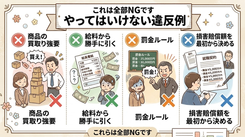 高校生アルバイトでよくある違反例を説明する画像