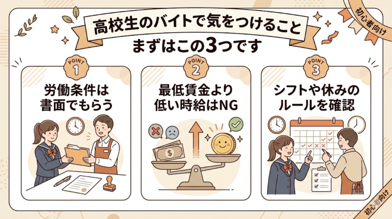 高校生のバイトで最初に確認したい基本ルールを説明する画像