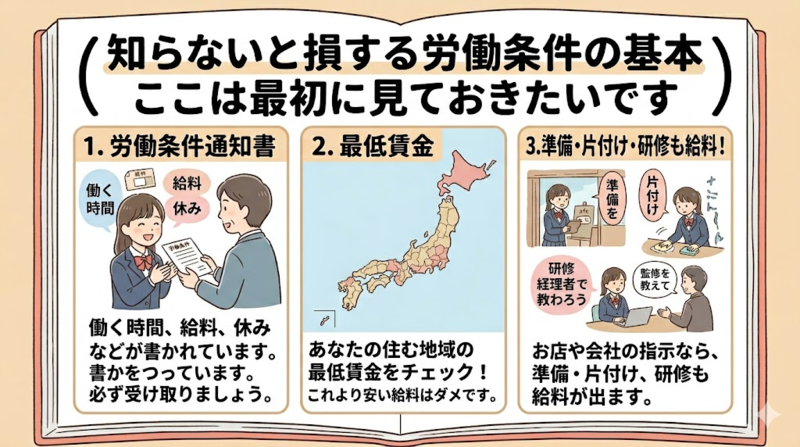 高校生アルバイトの労働条件の基本を説明する画像