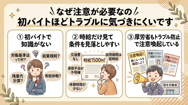 高校生の初バイトでなぜ注意が必要かを説明する画像