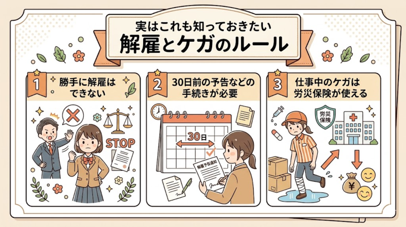 高校生アルバイトの解雇とケガのルールを説明する画像