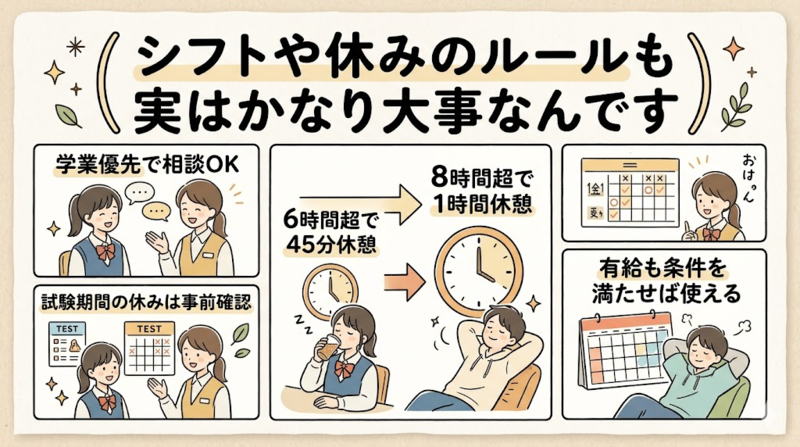 高校生アルバイトのシフトや休みのルールを説明する画像