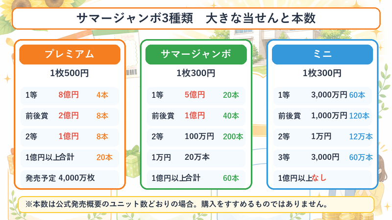 サマージャンボ3種類の当せん金と本数を説明する図解