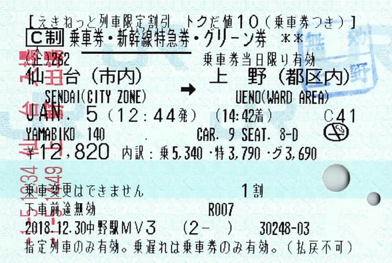 やまびこ140号 乗車券・新幹線特急券・グリーン券【トクだ値10
