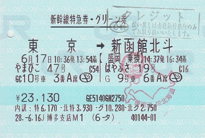 やまびこ47号（GC）・はやぶさ19号 新幹線特急券・グリーン券 - 紙切れ