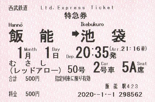 むさし レッドアロー 50号 特急券 紙切れ旅行記