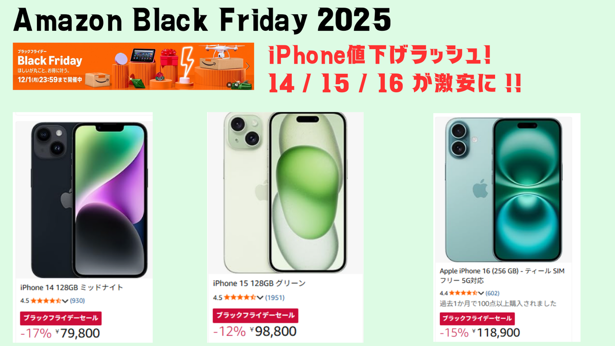 Amazonブラックフライデー2025本番、iPhone値下げラッシュ！ 14／15