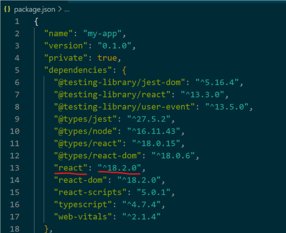 package.jsonの内容 "react" が "^18.2.0"