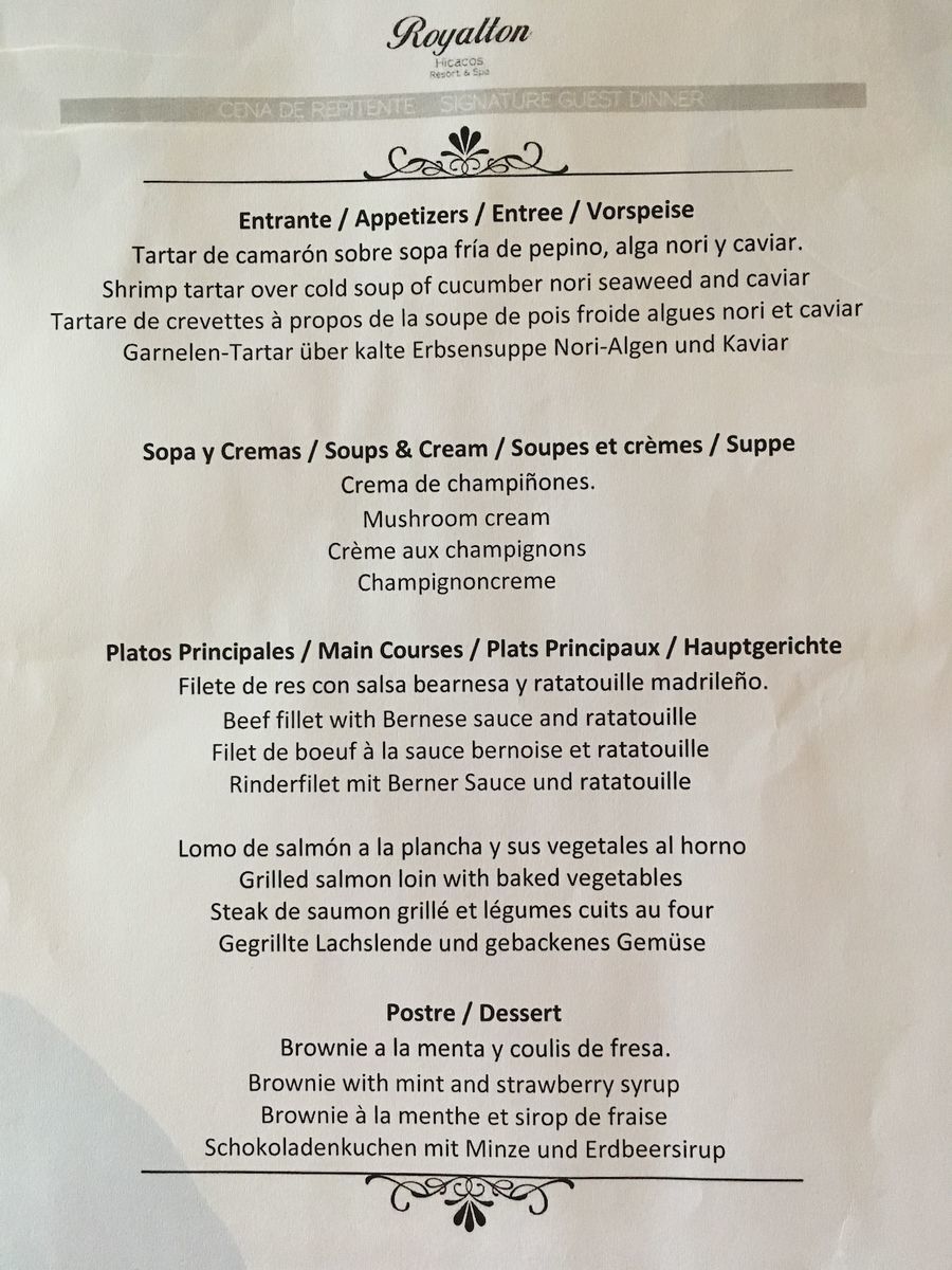 Royalton Hicacos Resort & Spa restaurant menu
