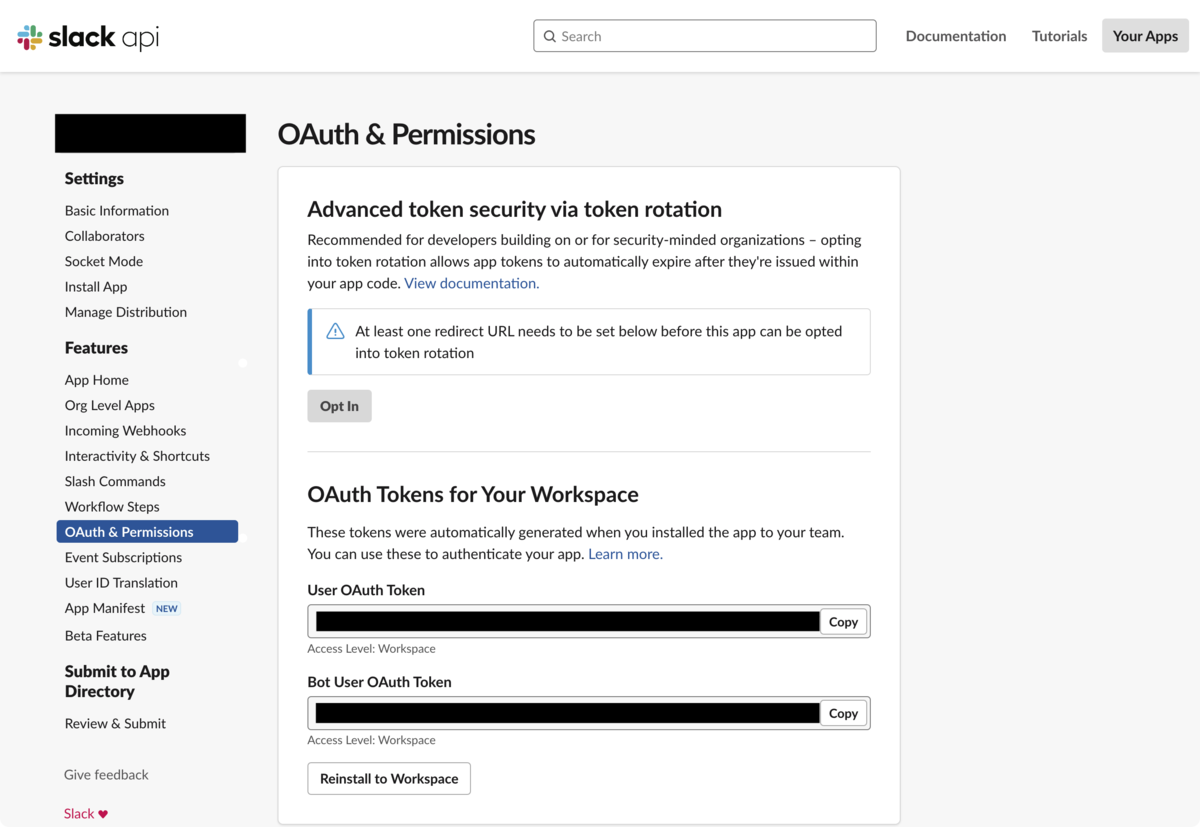 SlackのOAuth &amp; Permissionsの設定画面