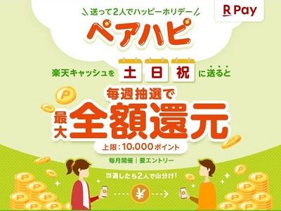 土日祝に楽天ペイで楽天キャッシュを送る・受け取ると全額ポイント還元されるかも！【送ってペアハピ】
