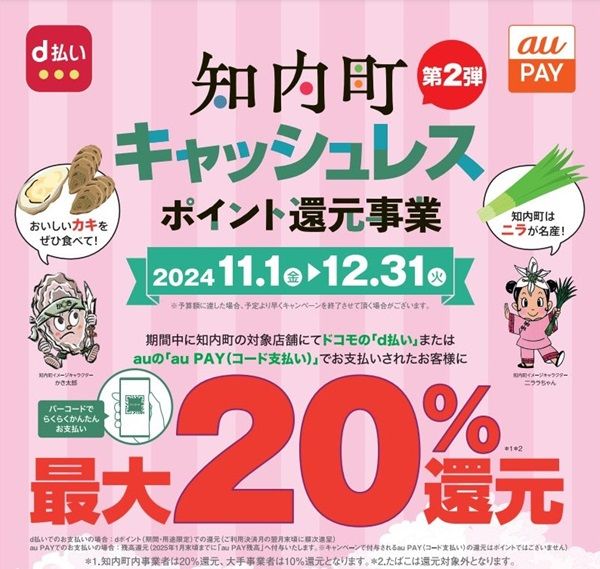 12/31まで!知内町でau PAY、d払いが最大20%還元!