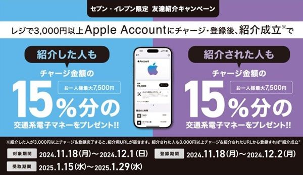 12/1まで!セブンイレブンでApple Accountにチャージすると交通系電子マネーで最大15%還元!ただし紹介が必要!