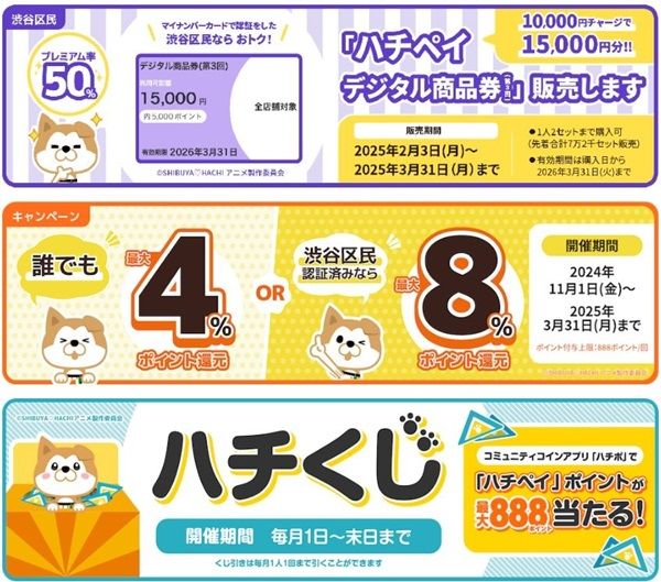 2025/3/31まで！渋谷区民限定！ハチペイでプレミアム率50%デジタル商品券が買えるかも！