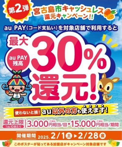 2025/2/28まで!宮古島市でau PAYが最大30%還元キャンペーン!