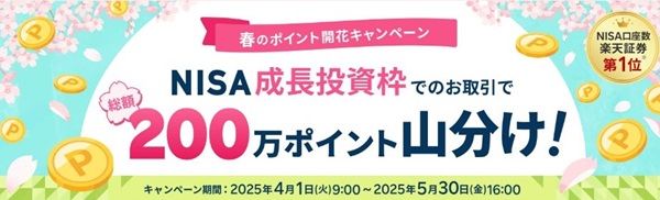 2025/5/30まで！楽天証券のNISA成長投資枠で取引すると200万ポイント山分け！投資信託・国内株式・外国株式が対象！