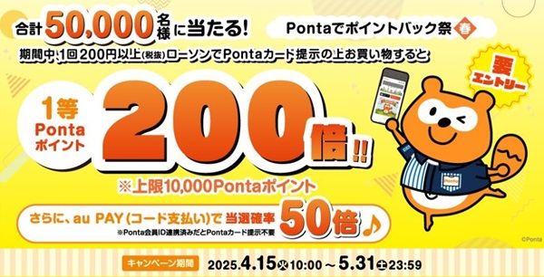 2025/5/31まで！ローソンでPontaカードを提示してPontaポイントを貯めると、最大1万ポイントが当たるかも！