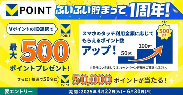 2025/6/30まで！VポイントとSMBC IDを新規連携後にスマホのタッチ決済をするとVポイントが最大500ポイント貰える！さらに5万ポイントが当たるかも！
