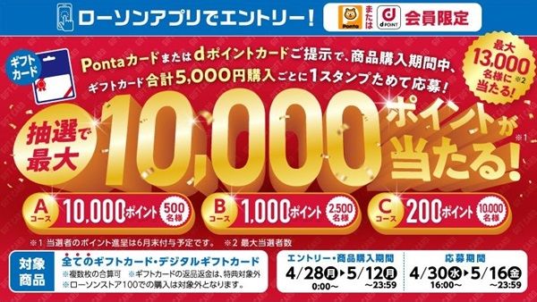 2025/5/12まで！ローソンでPontaカードかdポイントカードを提示してPOSAカードを5000円購入毎に最大1万ポイント当たるかも！