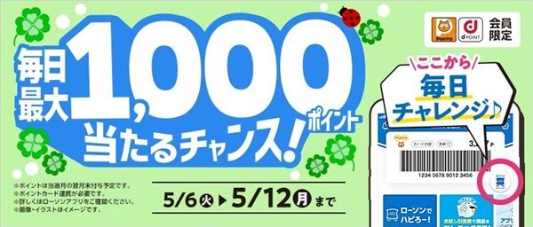 5/12まで！ローソンアプリから抽選参加で毎日最大1000ポイントが当たるかも！ポイントチャレンジ！