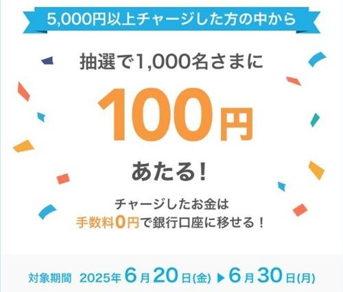 2025/6/30まで！エアウォレットで5000円以上チャージする100円当たるかも！ノーリスク！