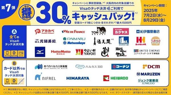 2025/8/29まで！関西エリア・大阪府内の飲食店・商業施設でVisaのタッチ決済が最大30%還元！第7弾！